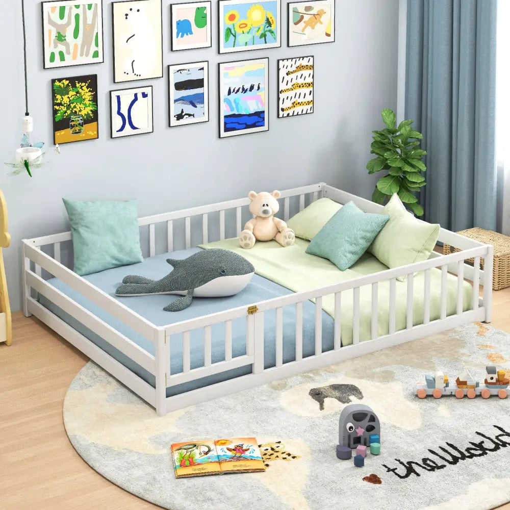 Full Size Floor Bed with Full Length Safety Guardrails-White - White - Toddler Beds