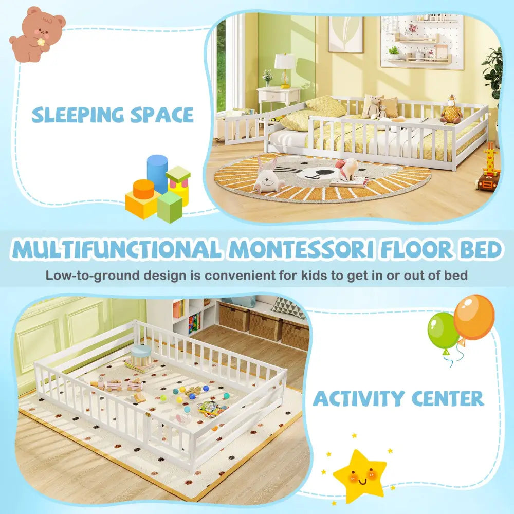 Full Size Floor Bed with Full Length Safety Guardrails-White - White - Toddler Beds