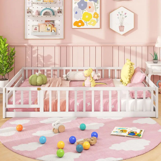 Full Size Floor Bed with Full Length Safety Guardrails-White - White - Toddler Beds