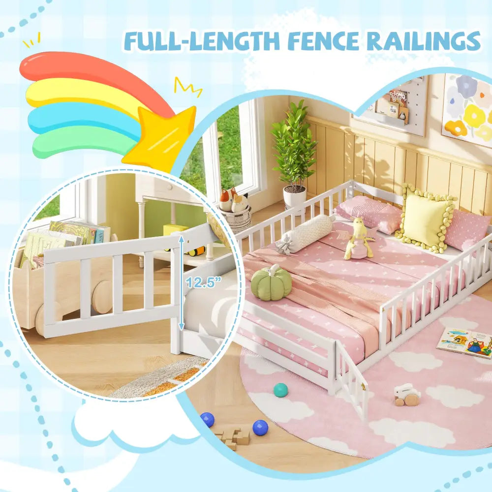 Full Size Floor Bed with Full Length Safety Guardrails-White - White - Toddler Beds
