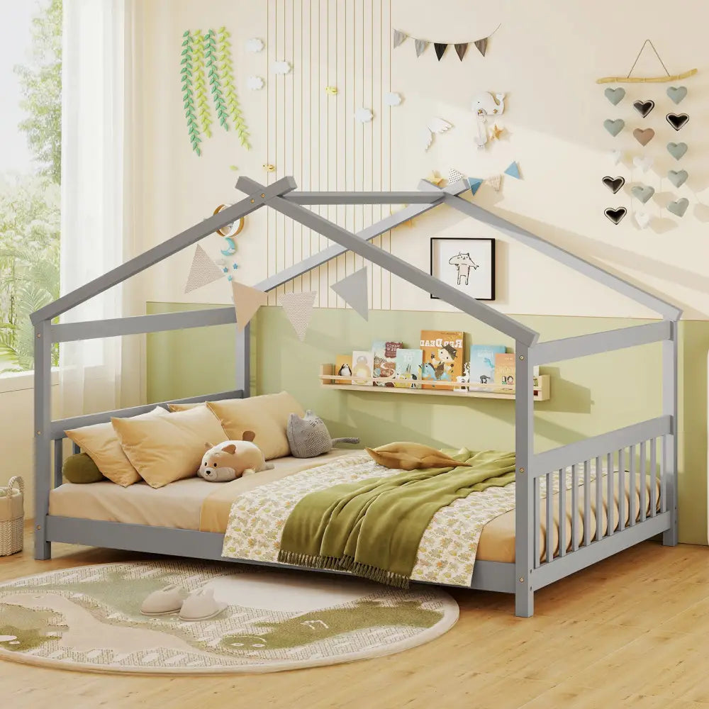 Full Size House Bed Montessori Floor Bed with Headboard-Gray - Gray - Simple Bed Frame