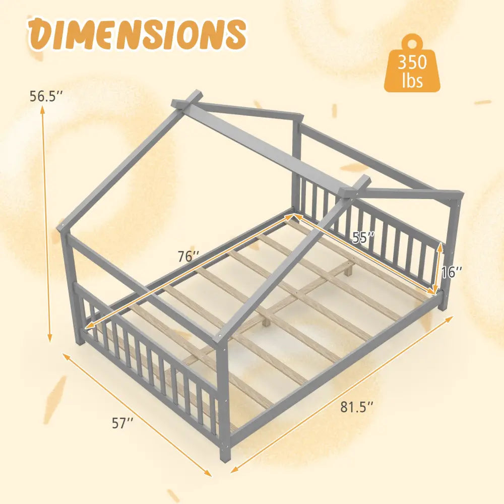 Full Size House Bed Montessori Floor Bed with Headboard-Gray - Gray - Simple Bed Frame
