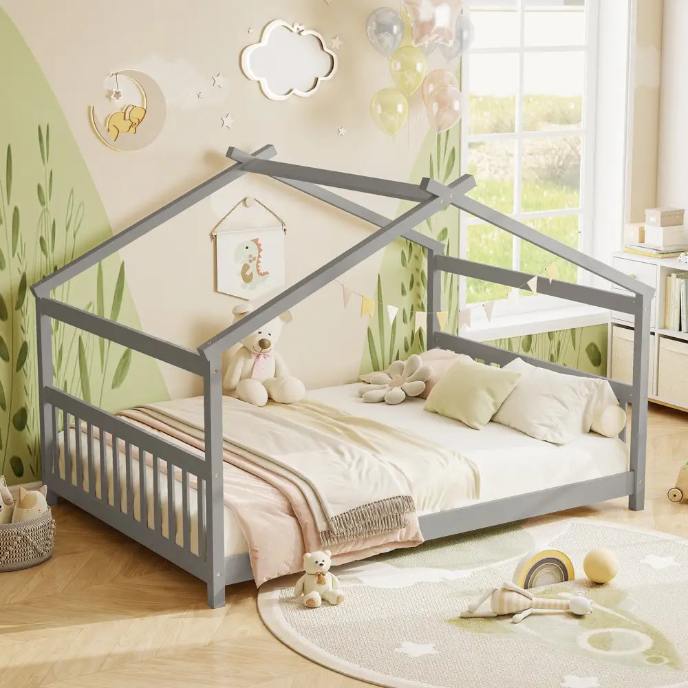 Full Size House Bed Montessori Floor Bed with Headboard-Gray - Gray - Simple Bed Frame