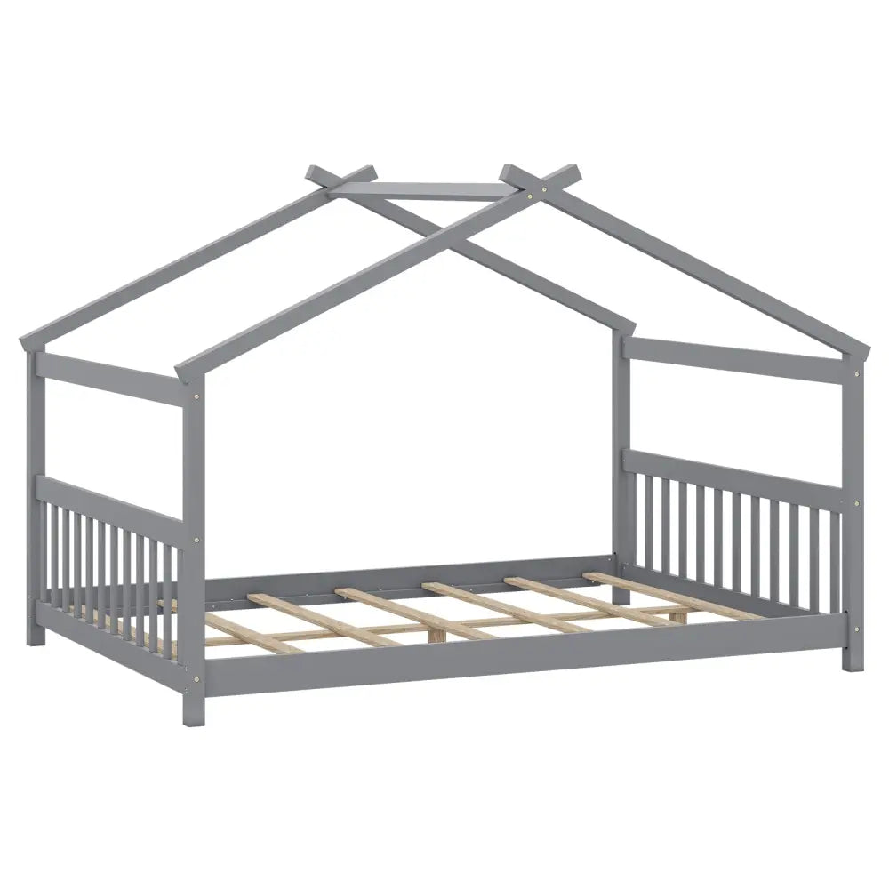Full Size House Bed Montessori Floor Bed with Headboard-Gray - Gray - Simple Bed Frame
