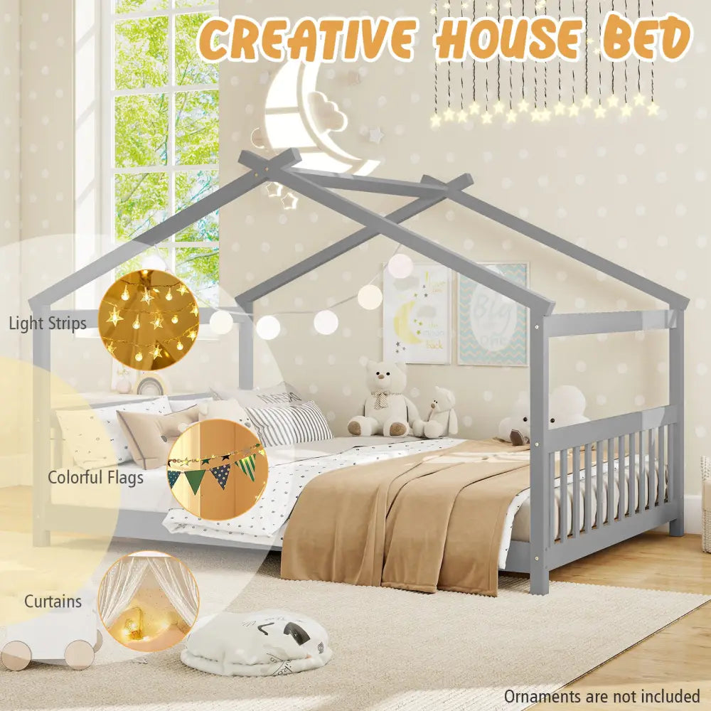 Full Size House Bed Montessori Floor Bed with Headboard-Gray - Gray - Simple Bed Frame