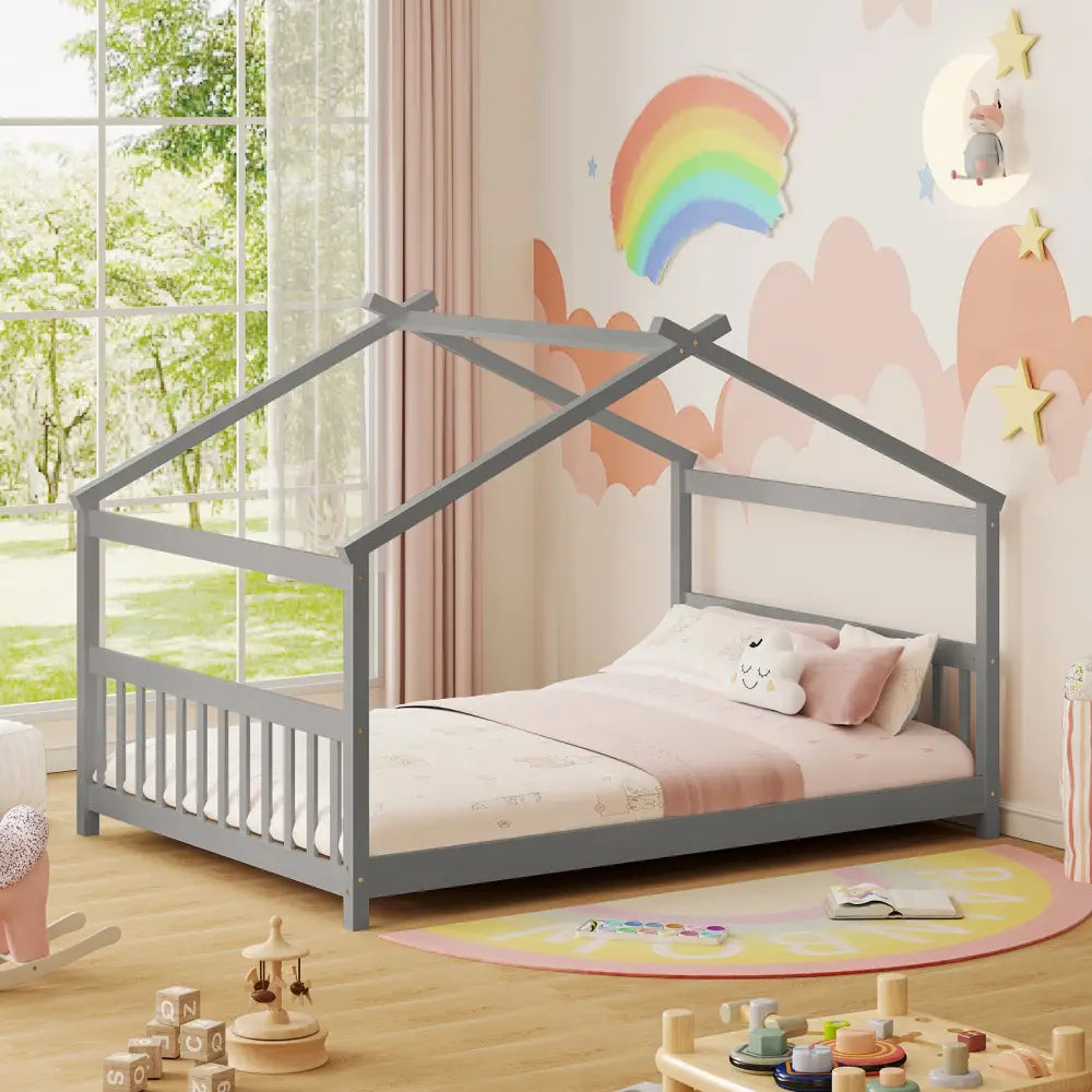 Full Size House Bed Montessori Floor Bed with Headboard-Gray - Gray - Simple Bed Frame