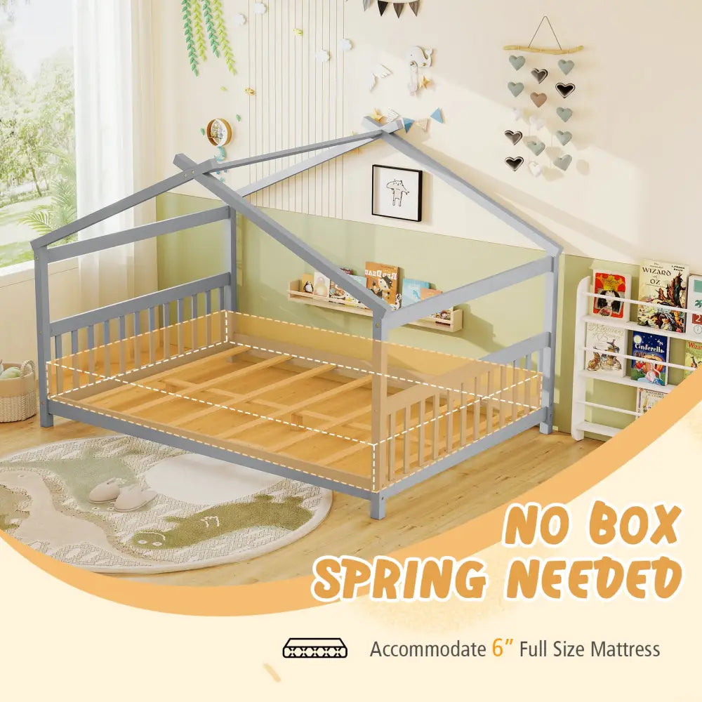 Full Size House Bed Montessori Floor Bed with Headboard-Gray - Gray - Simple Bed Frame
