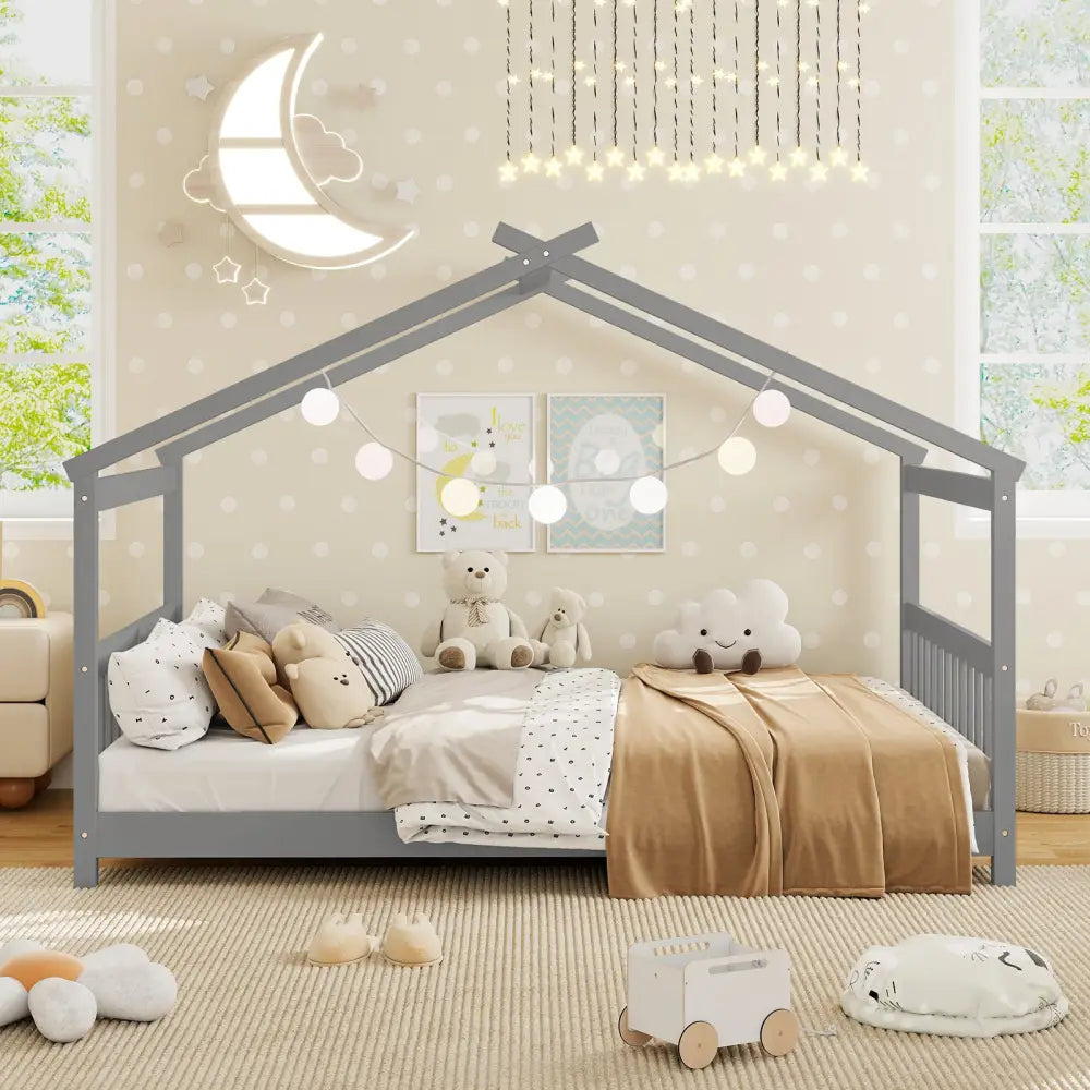 Full Size House Bed Montessori Floor Bed with Headboard-Gray - Gray - Simple Bed Frame