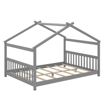 Full Size House Bed Montessori Floor Bed with Headboard-Gray - Gray - Simple Bed Frame