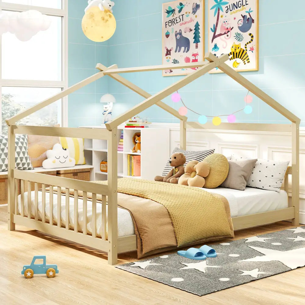 Full Size House Bed Montessori Floor Bed with Headboard-Natural - Natural - Simple Bed Frame