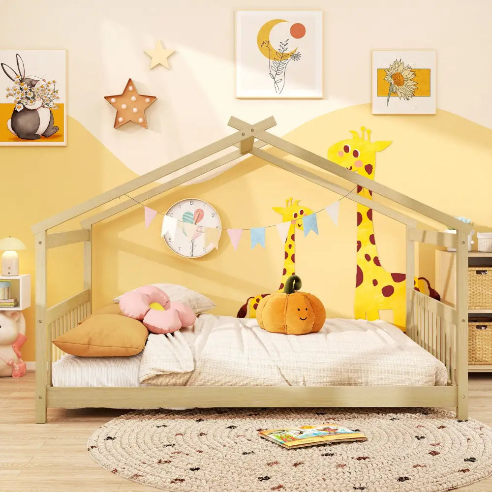 Full Size House Bed Montessori Floor Bed with Headboard-Natural - Natural - Simple Bed Frame