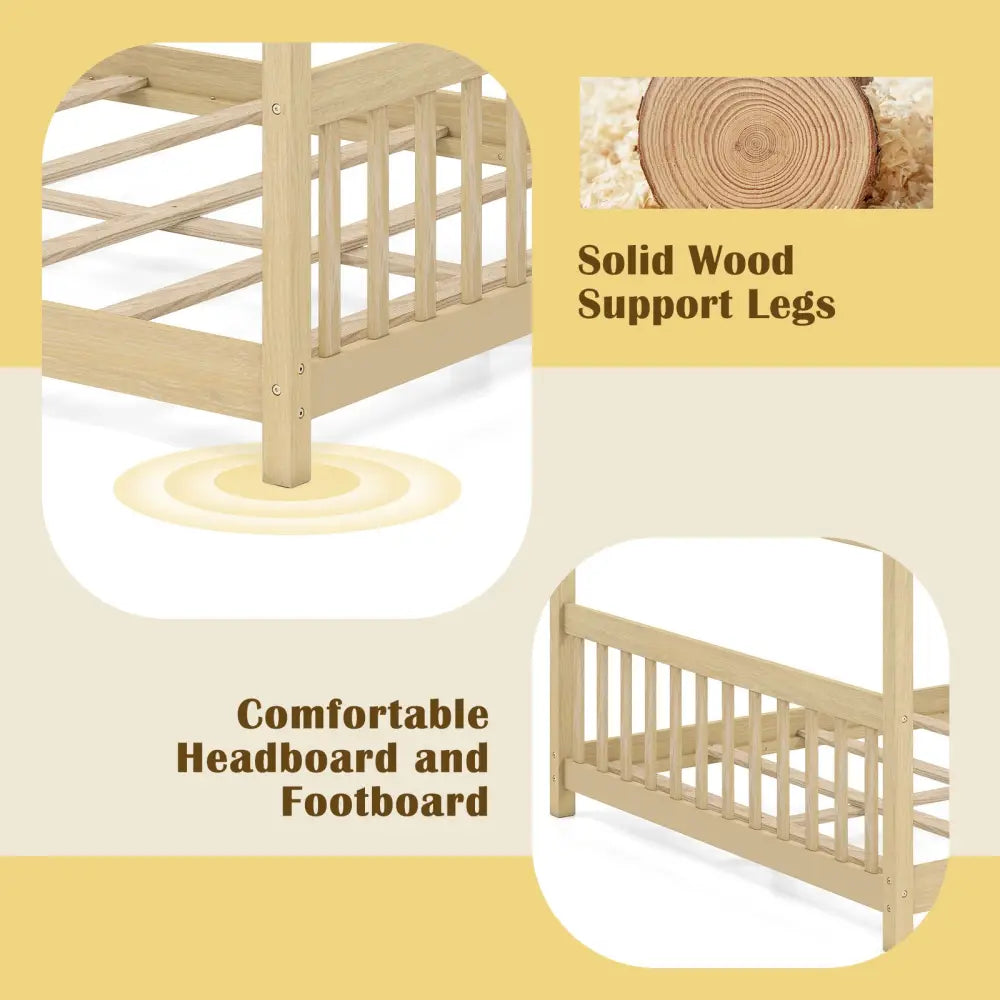Full Size House Bed Montessori Floor Bed with Headboard-Natural - Natural - Simple Bed Frame