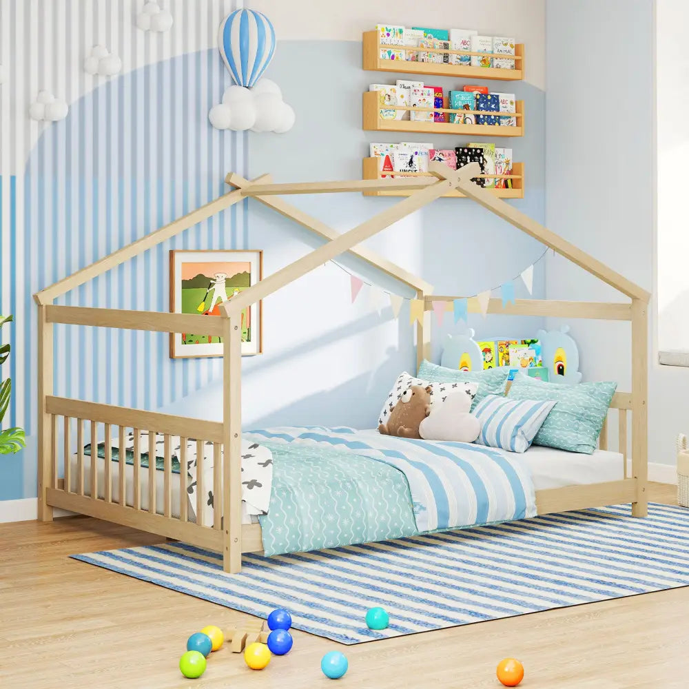 Full Size House Bed Montessori Floor Bed with Headboard-Natural - Natural - Simple Bed Frame