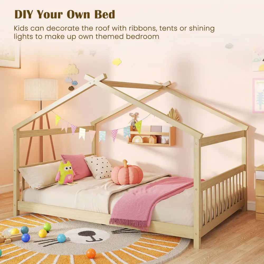 Full Size House Bed Montessori Floor Bed with Headboard-Natural - Natural - Simple Bed Frame