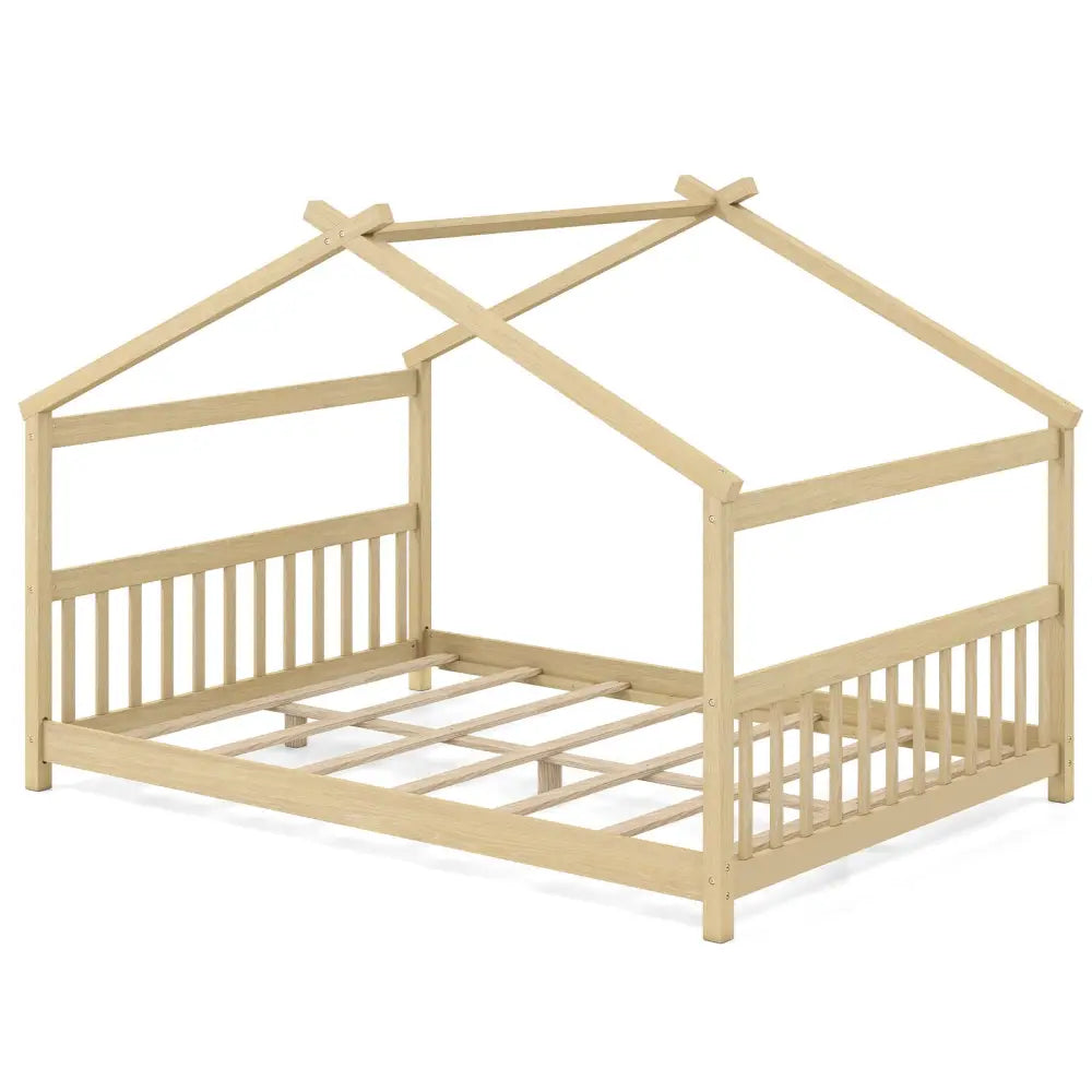 Full Size House Bed Montessori Floor Bed with Headboard-Natural - Natural - Simple Bed Frame