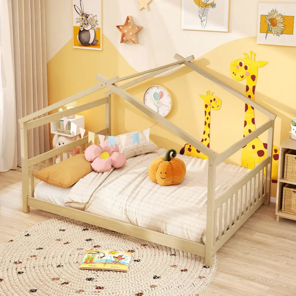 Full Size House Bed Montessori Floor Bed with Headboard-Natural - Natural - Simple Bed Frame
