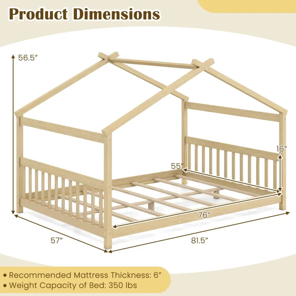 Full Size House Bed Montessori Floor Bed with Headboard-Natural - Natural - Simple Bed Frame