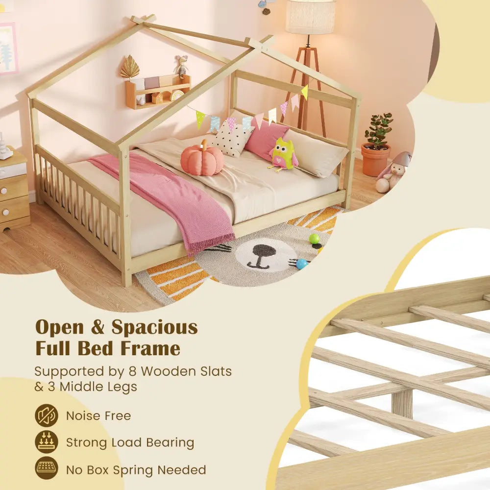 Full Size House Bed Montessori Floor Bed with Headboard-Natural - Natural - Simple Bed Frame