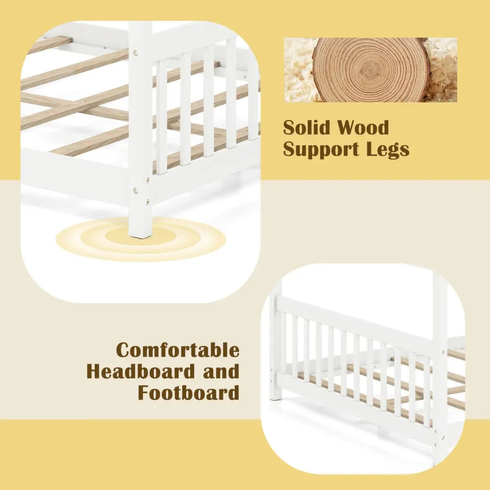 Full Size House Bed Montessori Floor Bed with Headboard-White - White - Simple Bed Frame