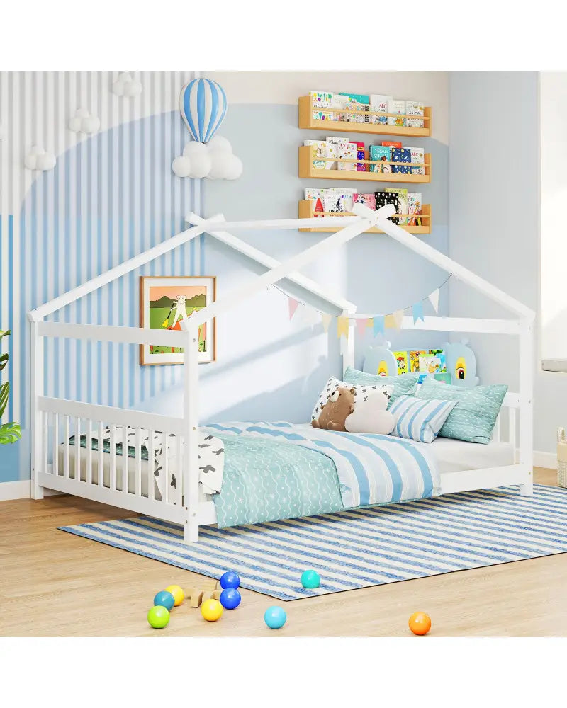 Full Size House Bed Montessori Floor Bed with Headboard-White - White - Simple Bed Frame