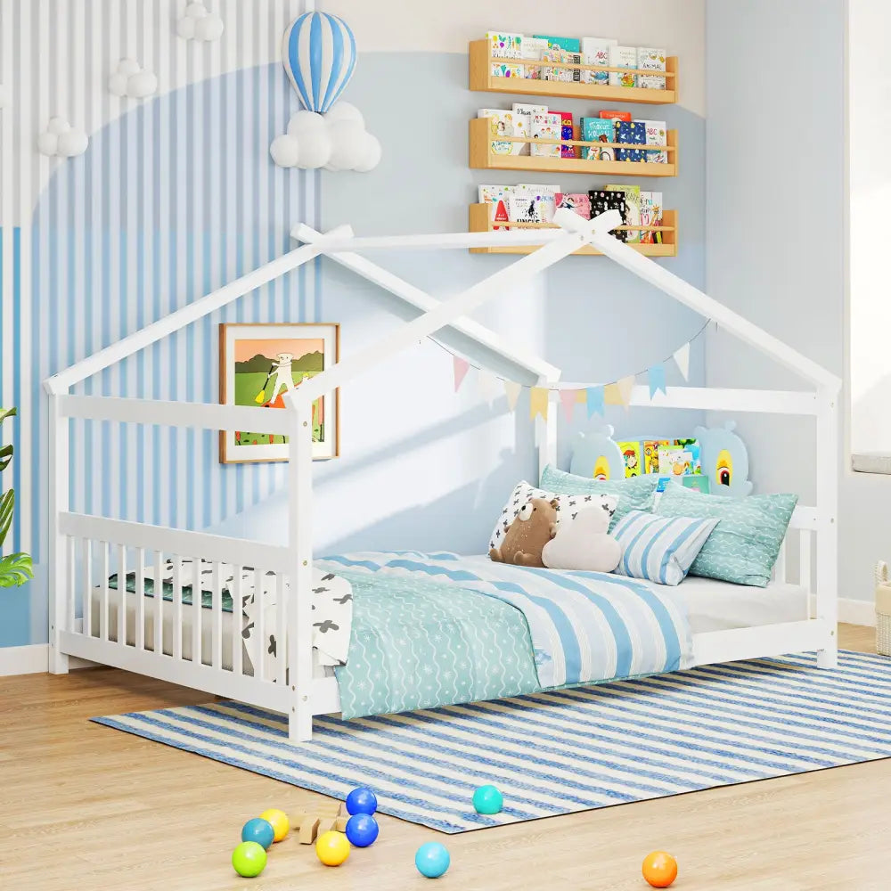 Full Size House Bed Montessori Floor Bed with Headboard-White - White - Simple Bed Frame