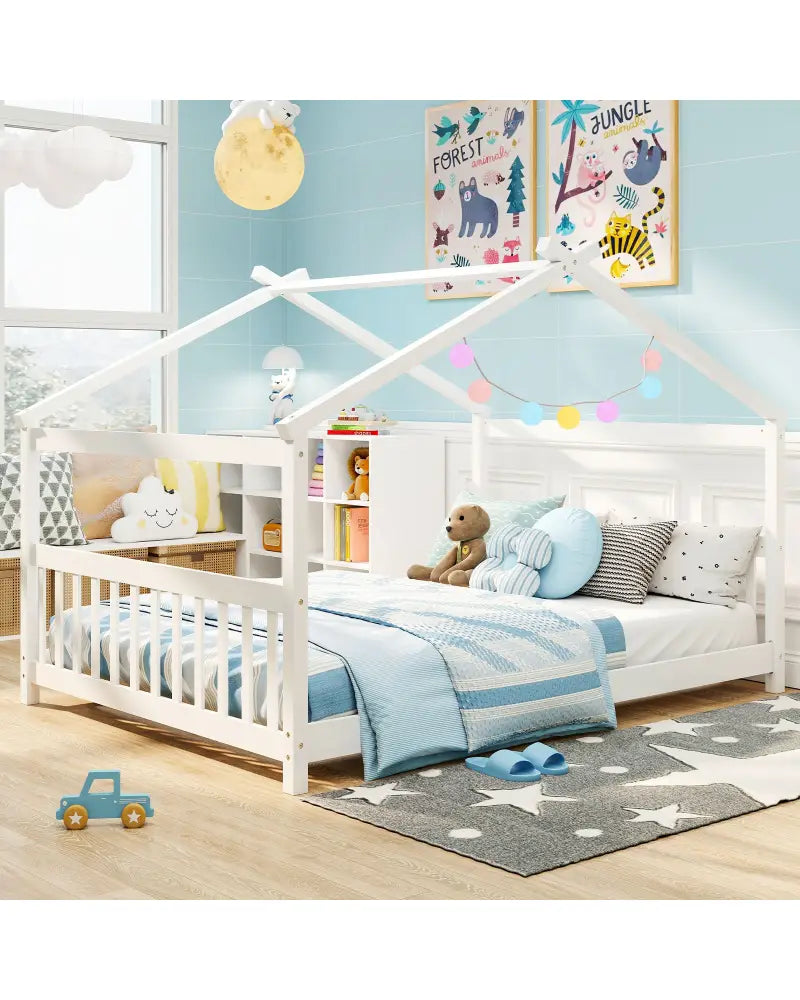 Full Size House Bed Montessori Floor Bed with Headboard-White - White - Simple Bed Frame