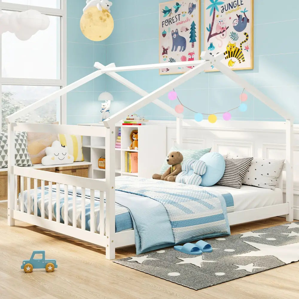 Full Size House Bed Montessori Floor Bed with Headboard-White - White - Simple Bed Frame