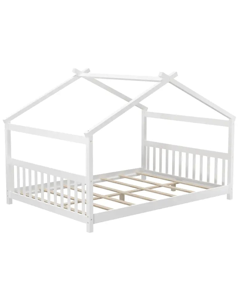 Full Size House Bed Montessori Floor Bed with Headboard-White - White - Simple Bed Frame