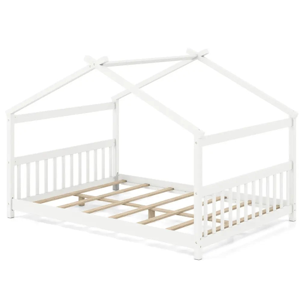Full Size House Bed Montessori Floor Bed with Headboard-White - White - Simple Bed Frame