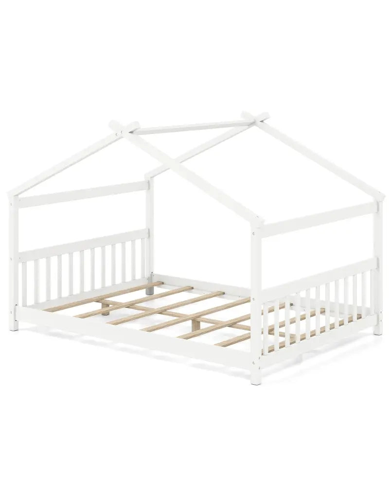 Full Size House Bed Montessori Floor Bed with Headboard-White - White - Simple Bed Frame