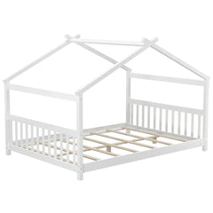Full Size House Bed Montessori Floor Bed with Headboard-White - White - Simple Bed Frame