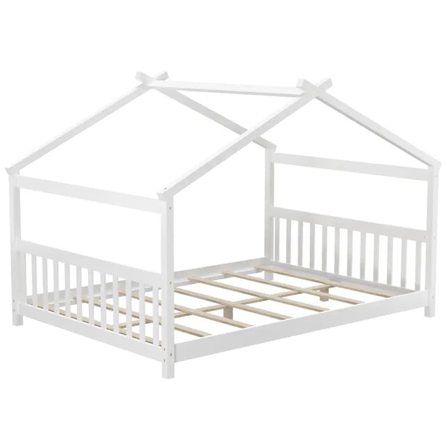 Full Size House Bed Montessori Floor Bed with Headboard-White - White - Simple Bed Frame