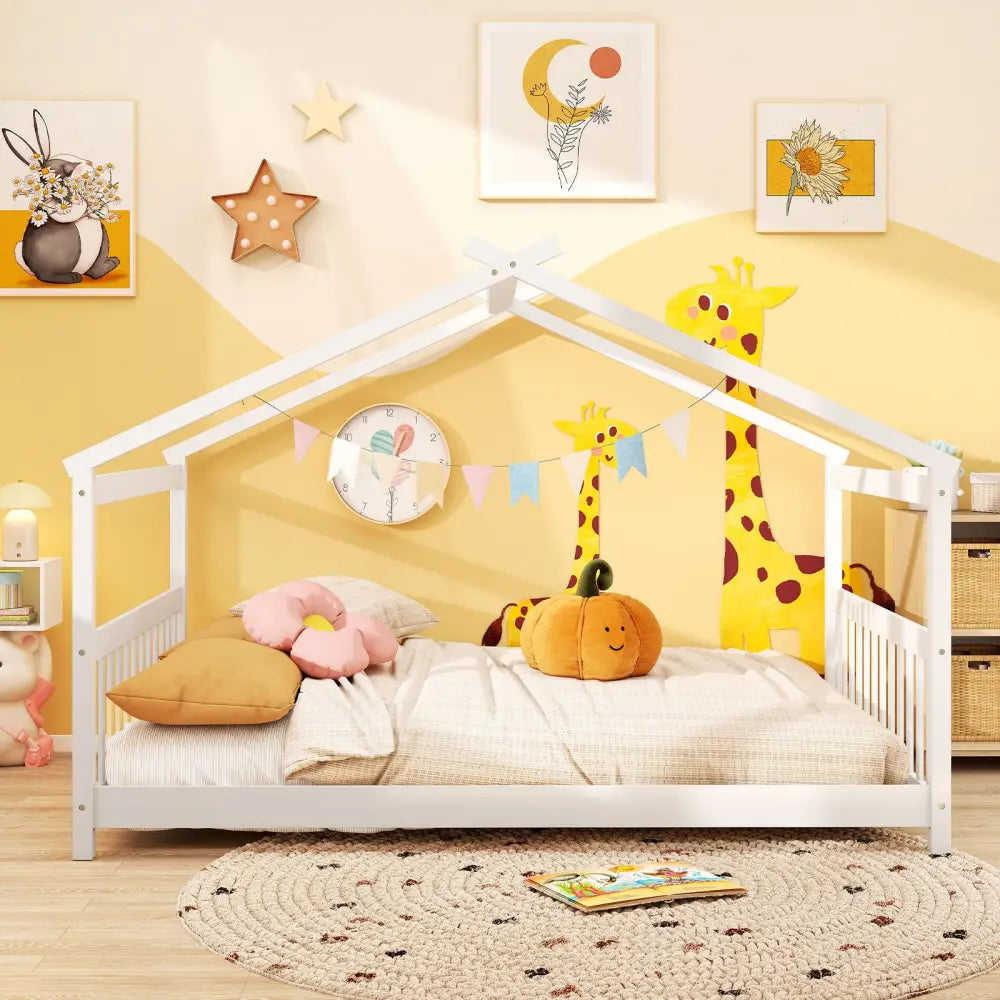 Full Size House Bed Montessori Floor Bed with Headboard-White - White - Simple Bed Frame