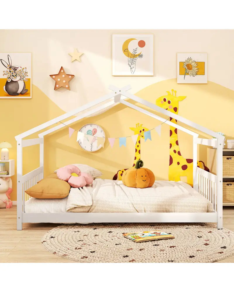 Full Size House Bed Montessori Floor Bed with Headboard-White - White - Simple Bed Frame