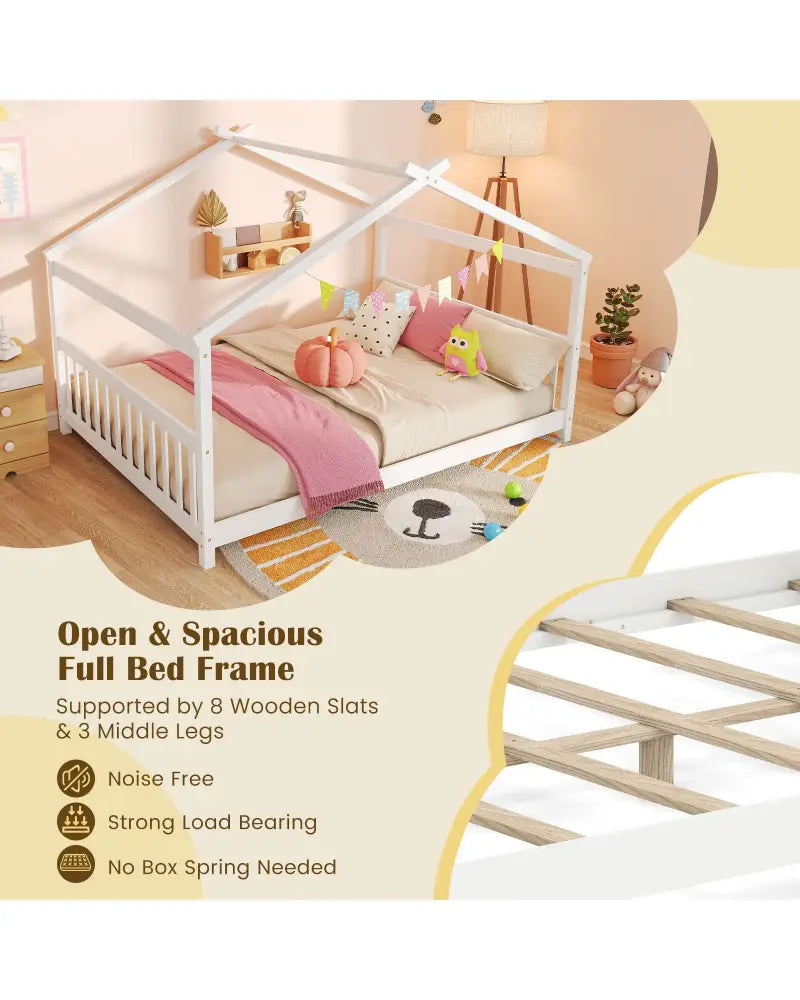 Full Size House Bed Montessori Floor Bed with Headboard-White - White - Simple Bed Frame