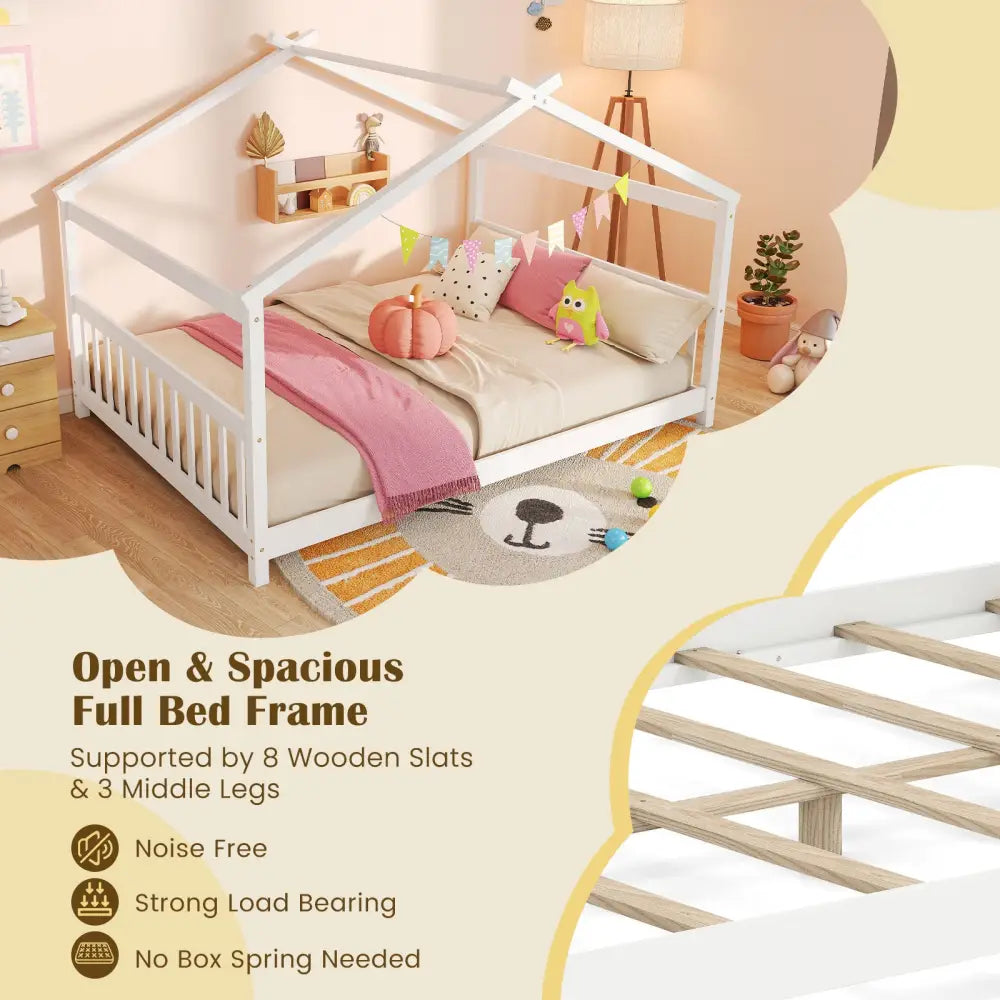 Full Size House Bed Montessori Floor Bed with Headboard-White - White - Simple Bed Frame