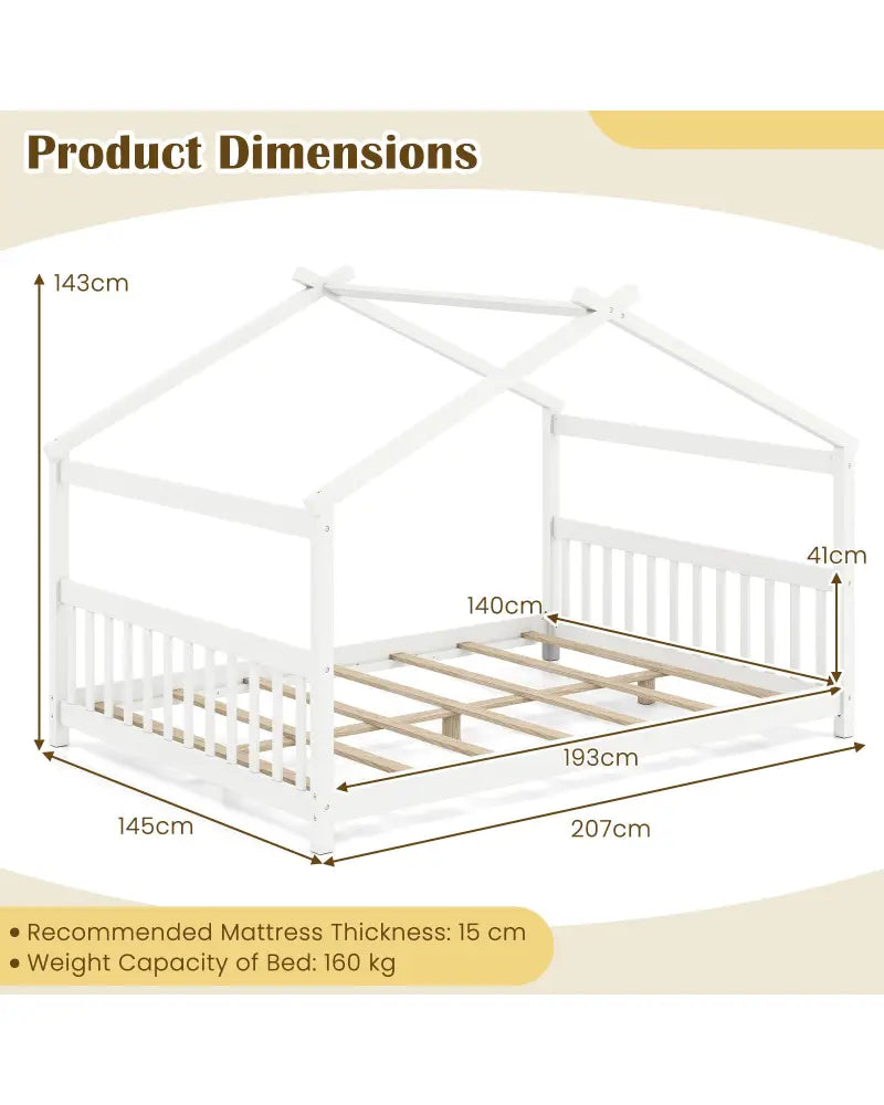 Full Size House Bed Montessori Floor Bed with Headboard-White - White - Simple Bed Frame