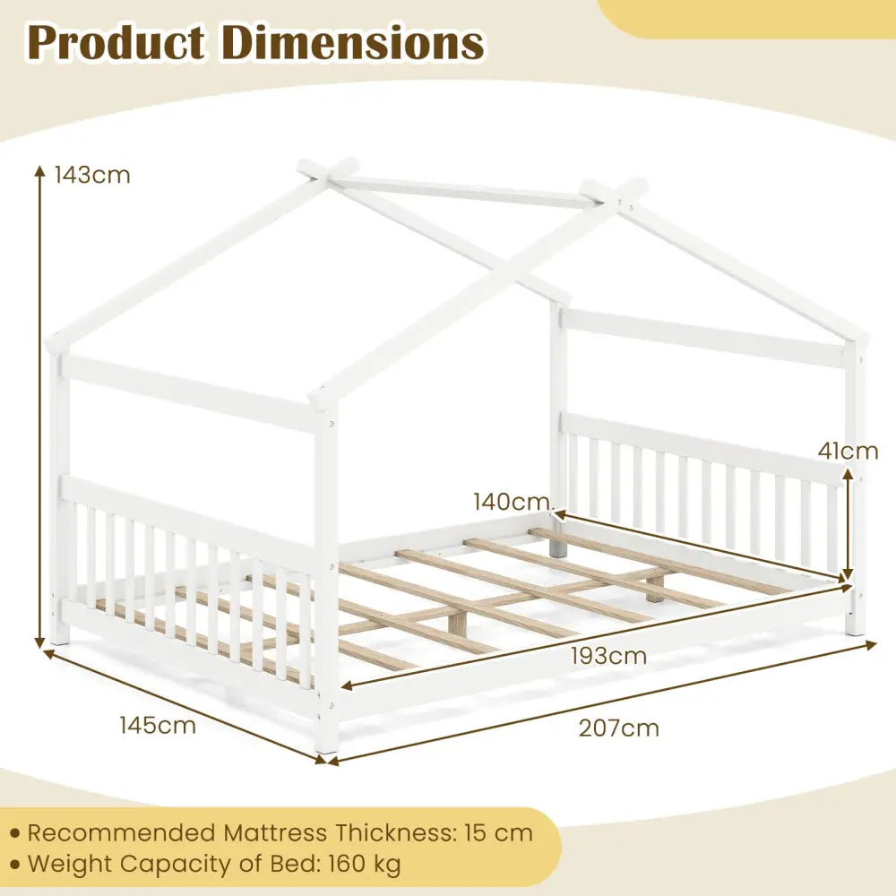 Full Size House Bed Montessori Floor Bed with Headboard-White - White - Simple Bed Frame