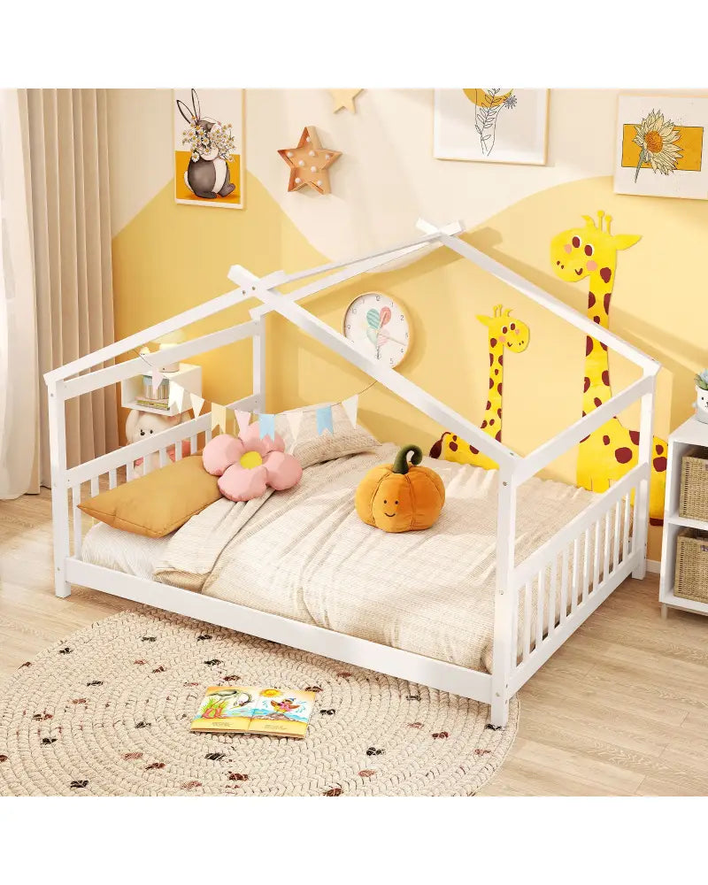 Full Size House Bed Montessori Floor Bed with Headboard-White - White - Simple Bed Frame