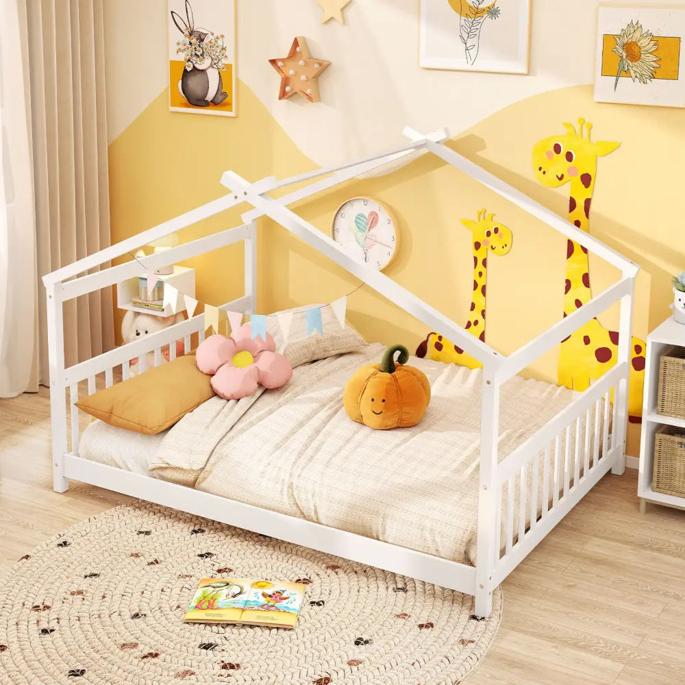 Full Size House Bed Montessori Floor Bed with Headboard-White - White - Simple Bed Frame