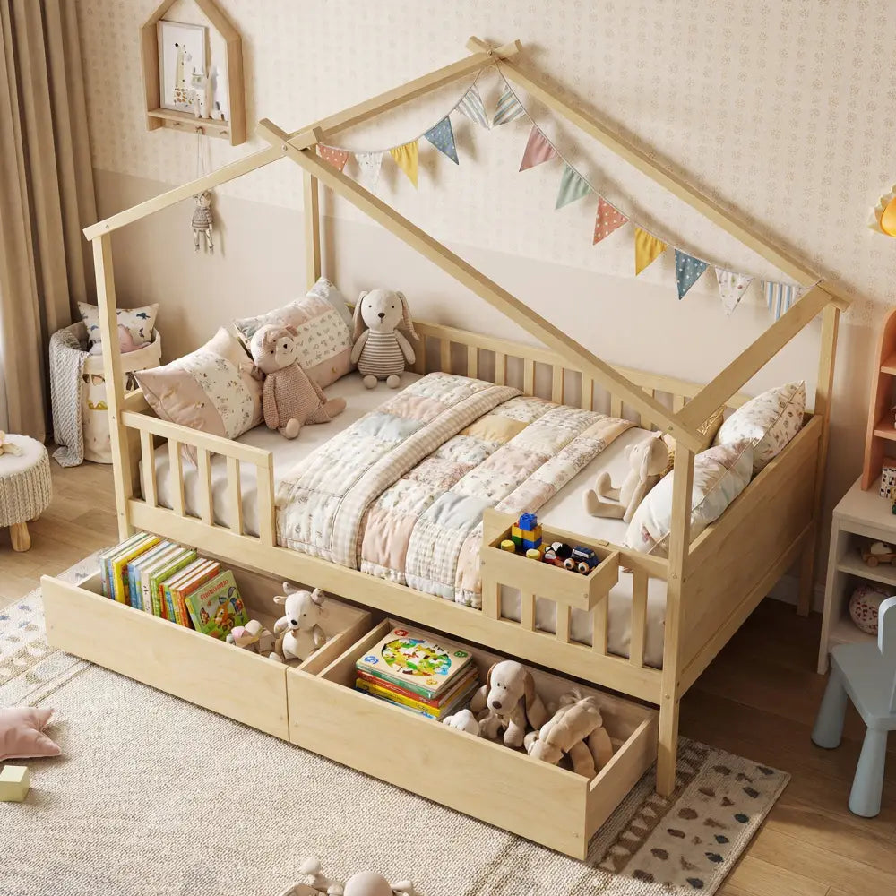 Full Size House Bed with Roof and Fence Rails for Kid-Natural - Natural - Simple Bed Frame