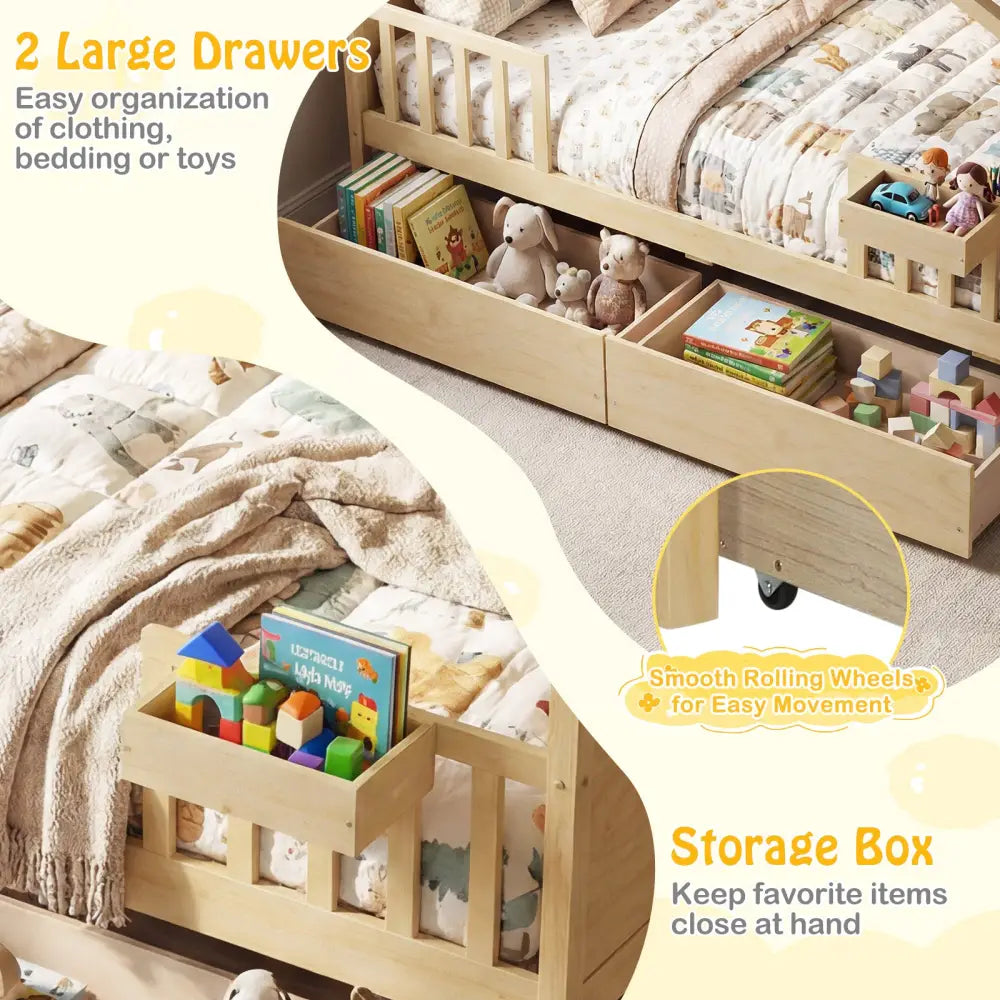 Full Size House Bed with Roof and Fence Rails for Kid-Natural - Natural - Simple Bed Frame