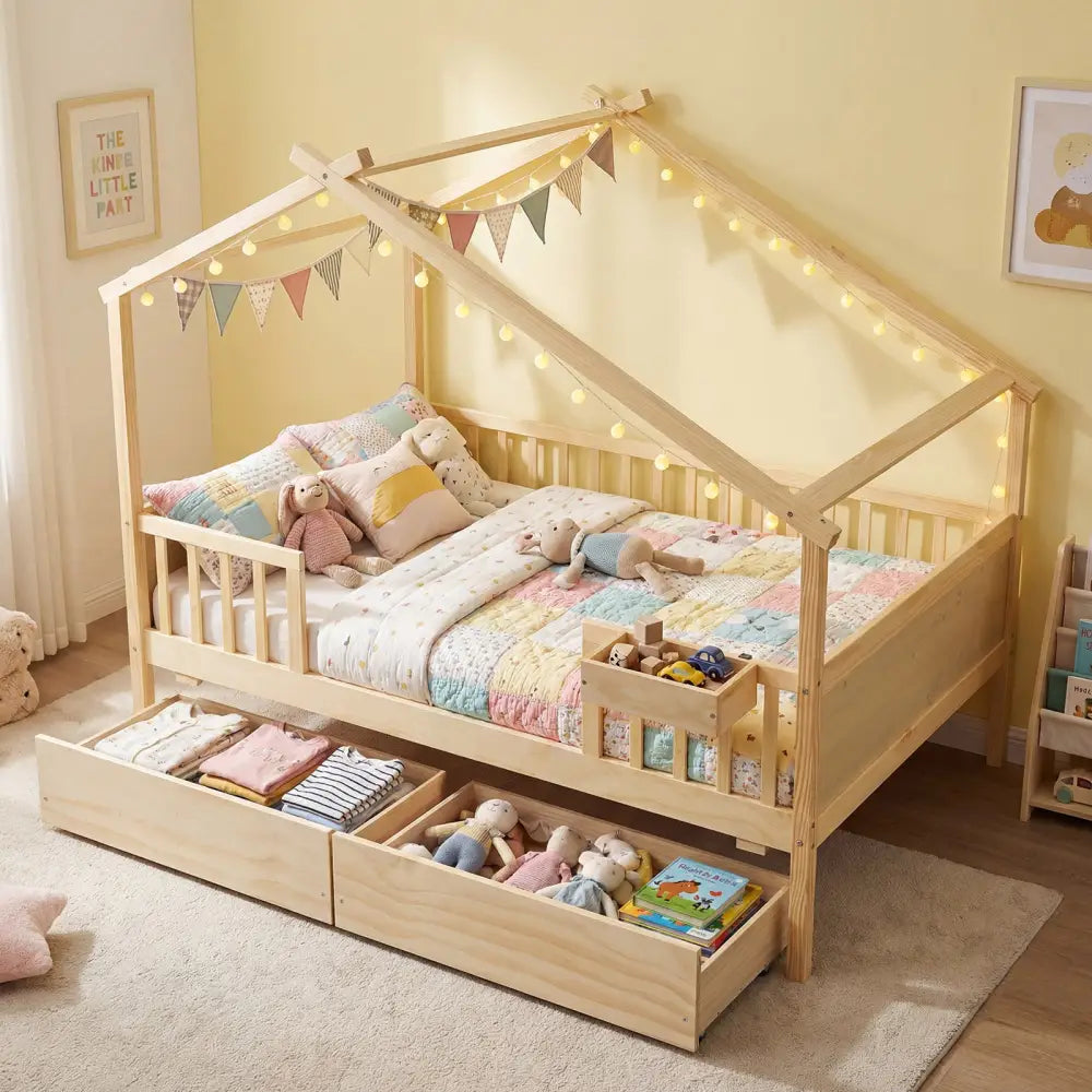 Full Size House Bed with Roof and Fence Rails for Kid-Natural - Natural - Simple Bed Frame
