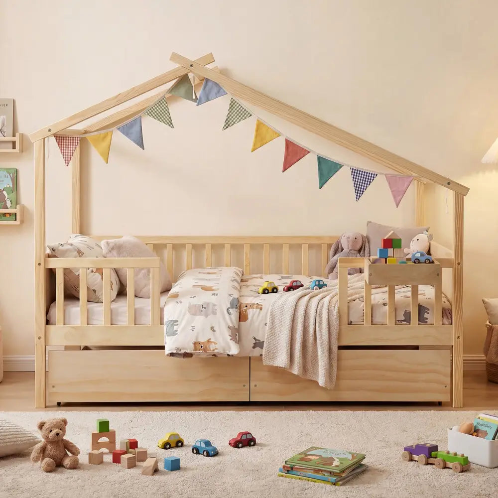 Full Size House Bed with Roof and Fence Rails for Kid-Natural - Natural - Simple Bed Frame