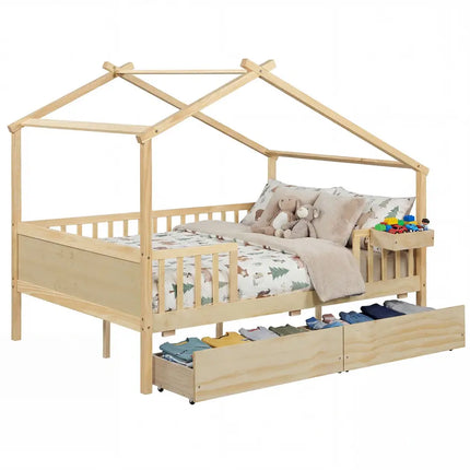 Full Size House Bed with Roof and Fence Rails for Kid-Natural - Natural - Simple Bed Frame
