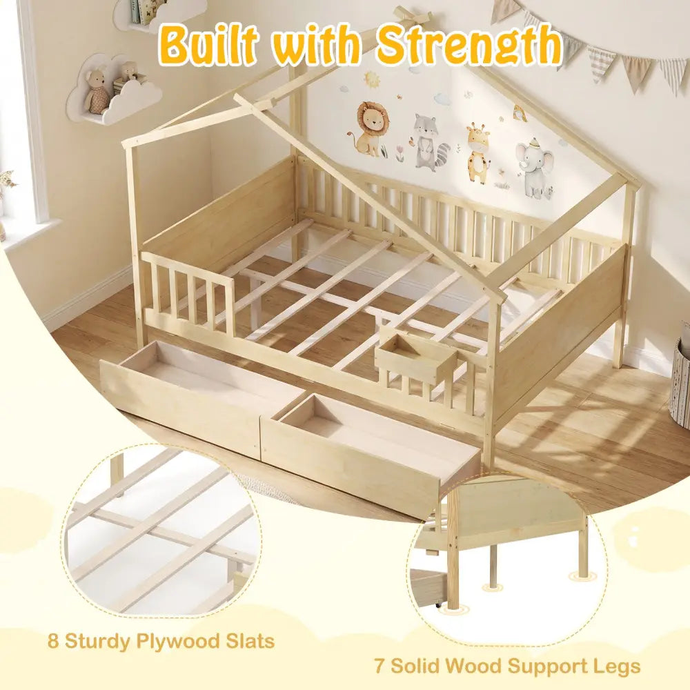 Full Size House Bed with Roof and Fence Rails for Kid-Natural - Natural - Simple Bed Frame
