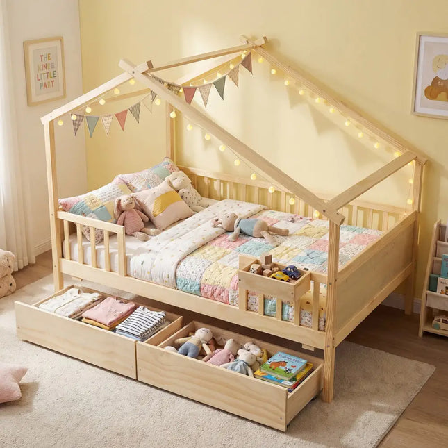 Full Size House Bed with Roof and Fence Rails for Kid-Natural - Natural - Simple Bed Frame