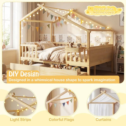 Full Size House Bed with Roof and Fence Rails for Kid-Natural - Natural - Simple Bed Frame