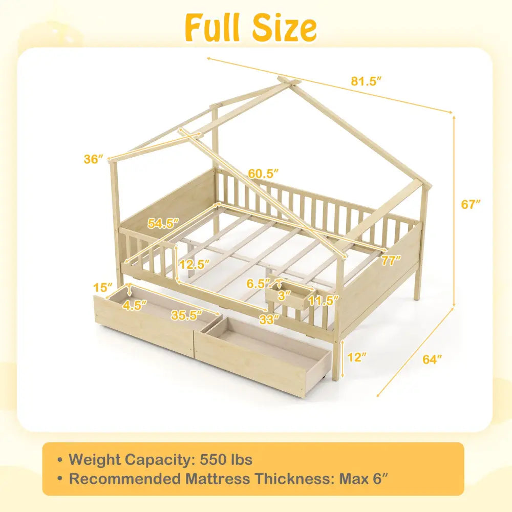 Full Size House Bed with Roof and Fence Rails for Kid-Natural - Natural - Simple Bed Frame