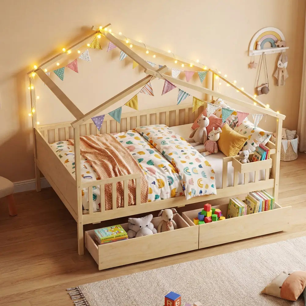 Full Size House Bed with Roof and Fence Rails for Kid-Natural - Natural - Simple Bed Frame